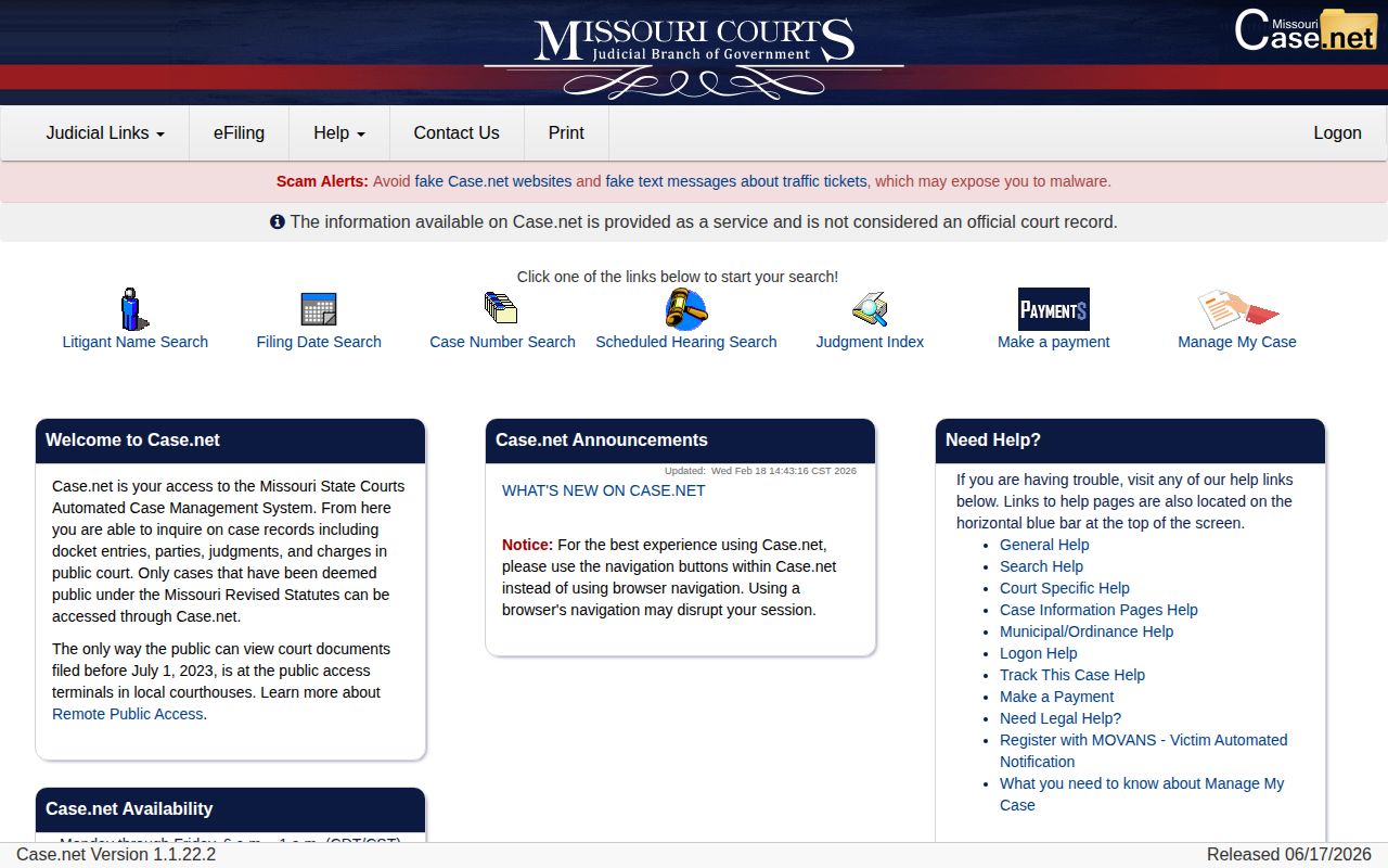 Dent County released inmate court record search on Missouri Case.net