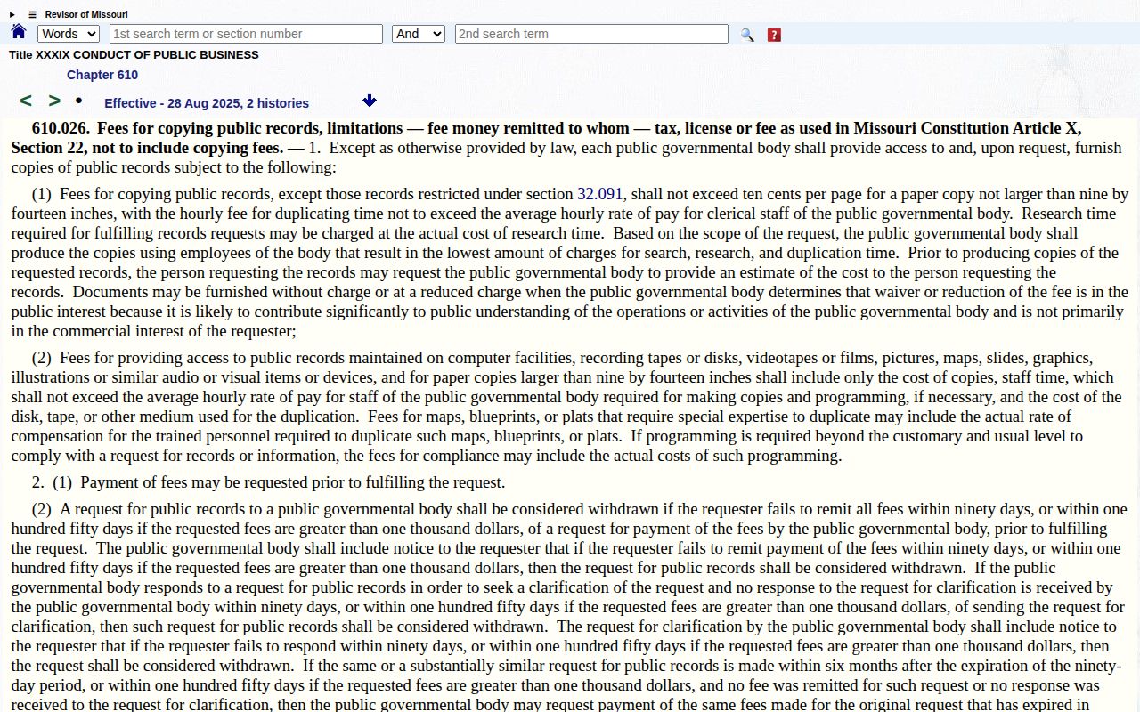 Dent County release record fee rules under Missouri public records law